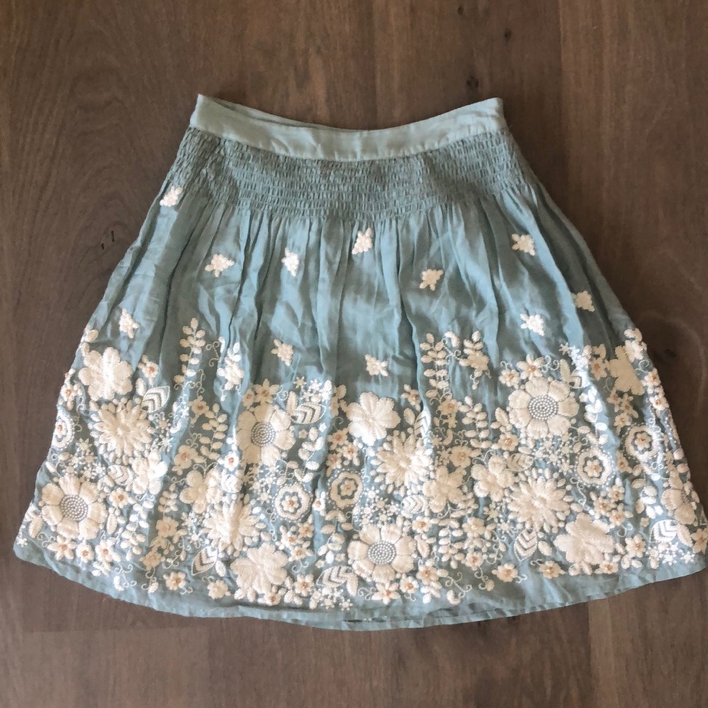 Anthropologie Blue Silk Cotton Embroidered Skirt